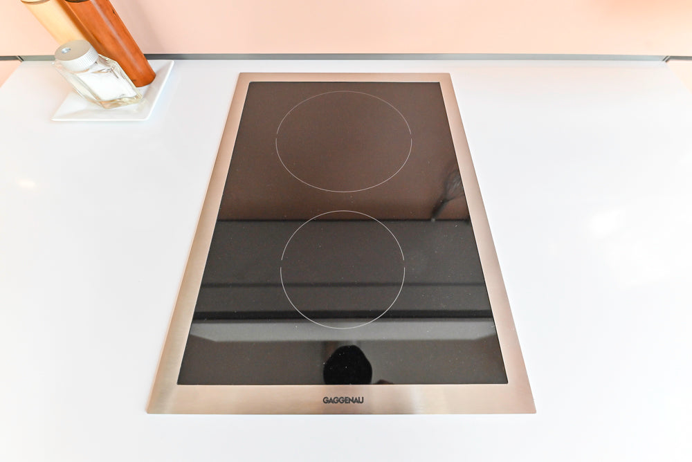 Bulthaup Modern White & Peach Cooking Station with Stone Countertop and 15" Gaggenau Cooktop, Showroom Display