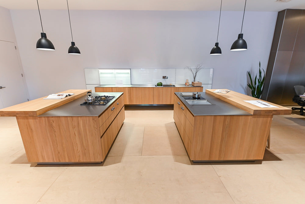 Bulthaup Modern Light Wood Veneer Paneled Kitchen with Double Island and Stainless Steel Countertops