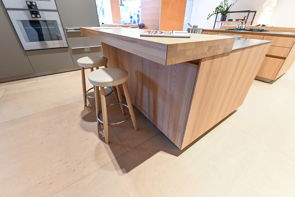 Bulthaup Modern Light Wood Veneer Paneled Kitchen with Double Island and Stainless Steel Countertops