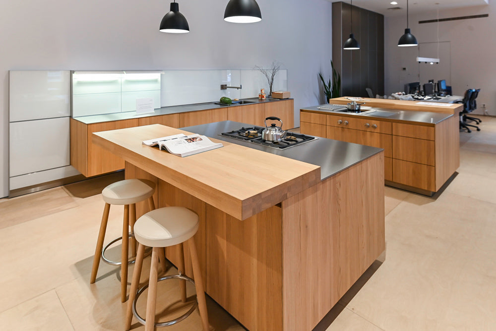 Bulthaup Modern Light Wood Veneer Paneled Kitchen with Double Island and Stainless Steel Countertops