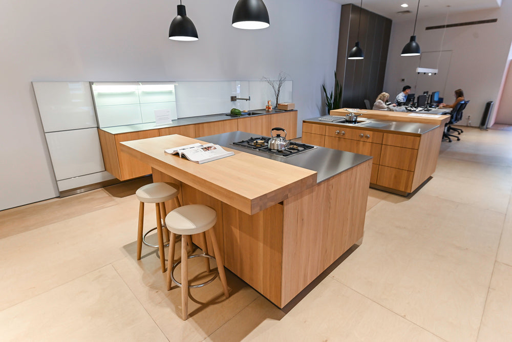 Bulthaup Modern Light Wood Veneer Paneled Kitchen with Double Island and Stainless Steel Countertops