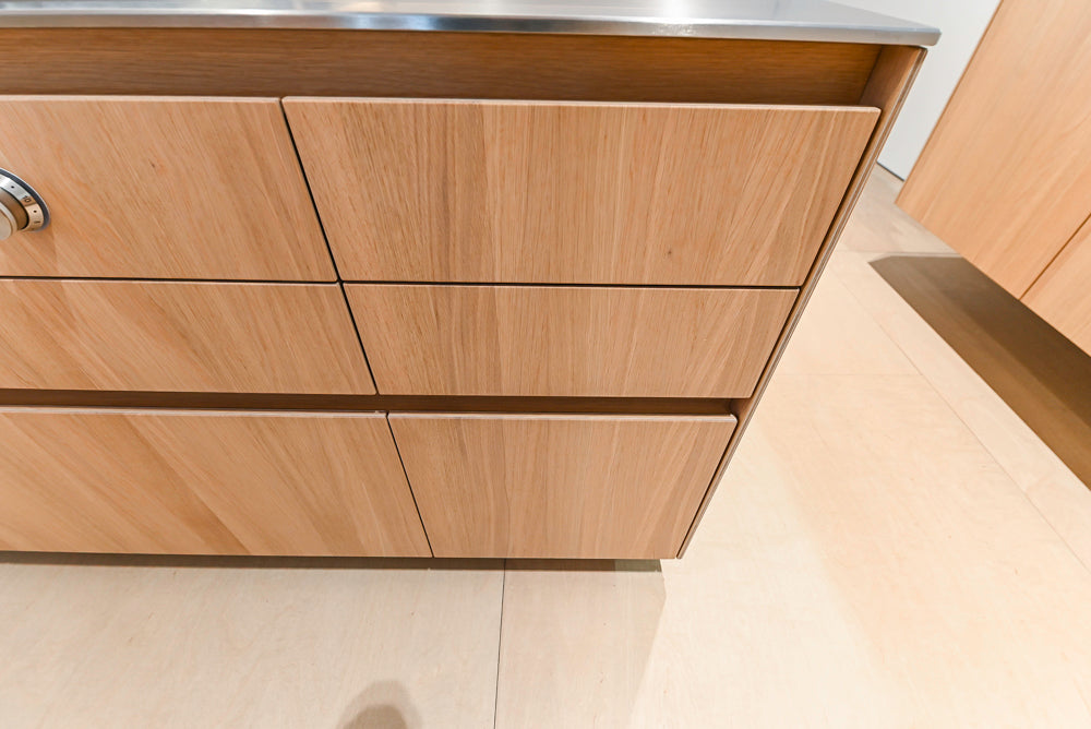 Bulthaup Modern Light Wood Veneer Paneled & Stainless Steel Top Island