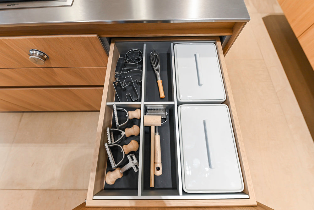 Bulthaup Modern Light Wood Veneer Paneled & Stainless Steel Top Island