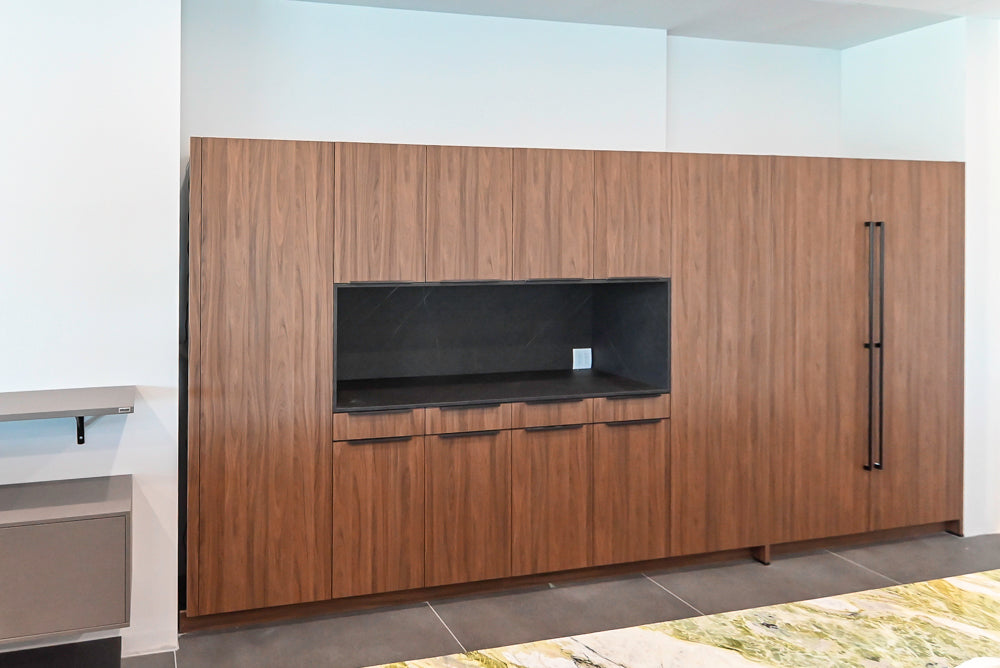 Häcker Modern Wood-Look Paneled Built-In Dry Bar Wall Unit with Storage