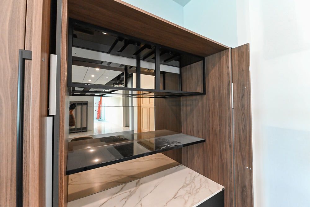 Häcker Modern Wood-Look Paneled Built-In Dry Bar Wall Unit with Storage