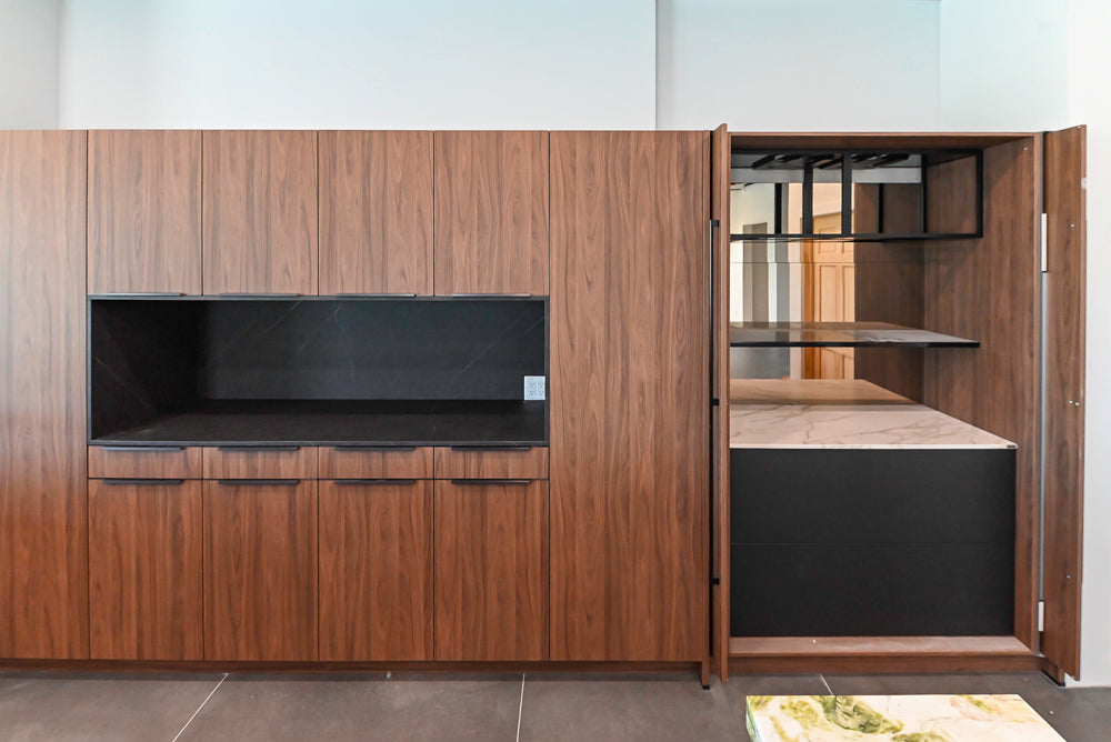 Häcker Modern Wood-Look Paneled Built-In Dry Bar Wall Unit with Storage