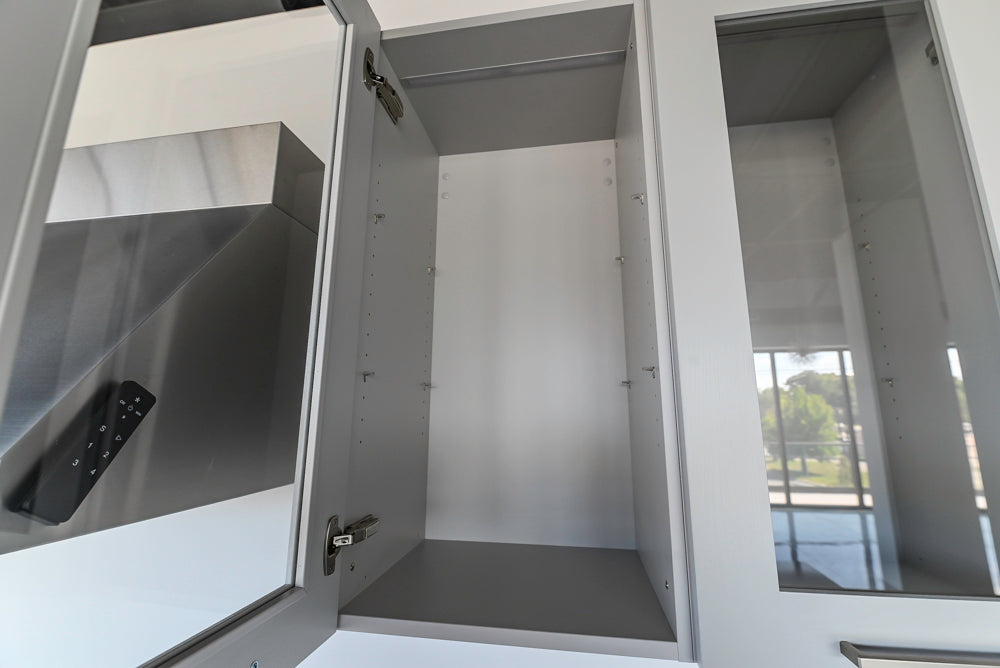 Häcker Transitional Light Grey Kitchen with Dark Grey Island and White Quartz Countertops