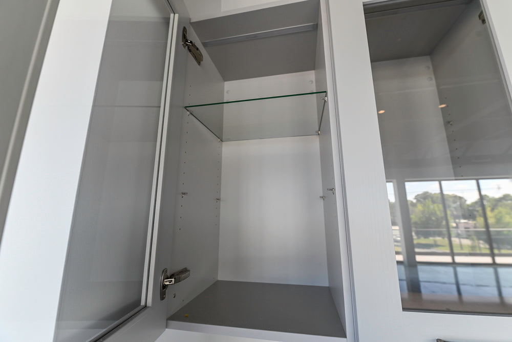 Häcker Transitional Light Grey Kitchen with Dark Grey Island and White Quartz Countertops