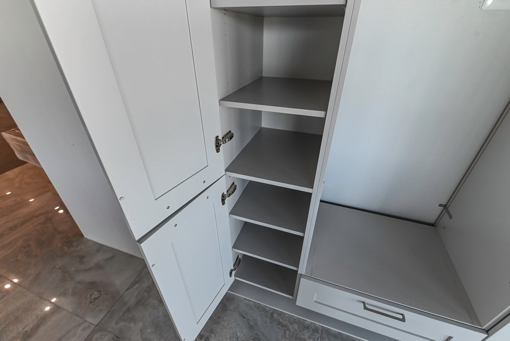 Häcker Transitional Light Grey Kitchen with Dark Grey Island and White Quartz Countertops
