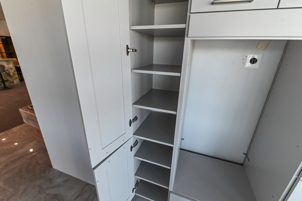 Häcker Transitional Light Grey Kitchen with Dark Grey Island and White Quartz Countertops