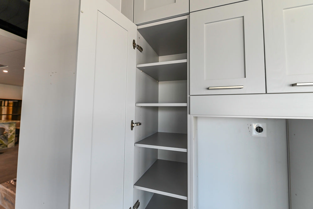 Häcker Transitional Light Grey Kitchen with Dark Grey Island and White Quartz Countertops