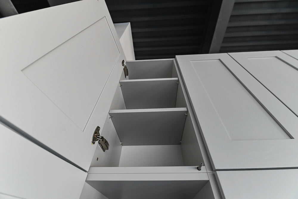 Häcker Transitional Light Grey Kitchen with Dark Grey Island and White Quartz Countertops