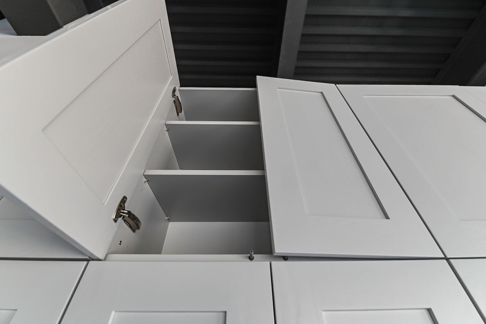 Häcker Transitional Light Grey Kitchen with Dark Grey Island and White Quartz Countertops