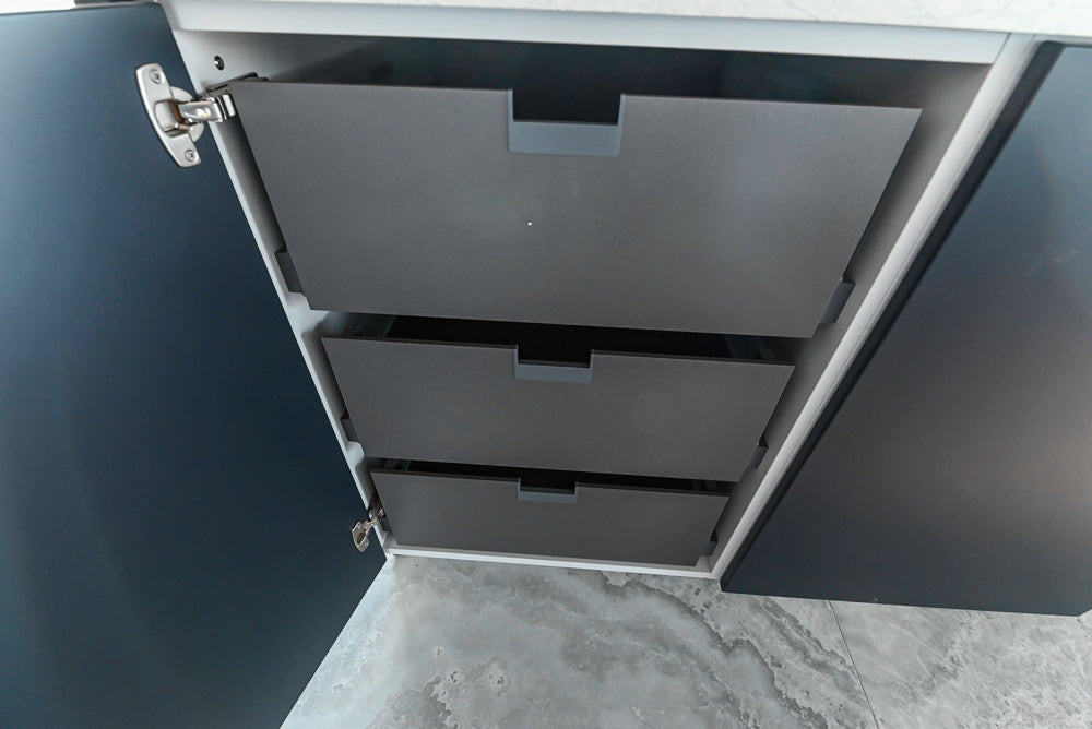 Häcker Transitional Light Grey Kitchen with Dark Grey Island and White Quartz Countertops