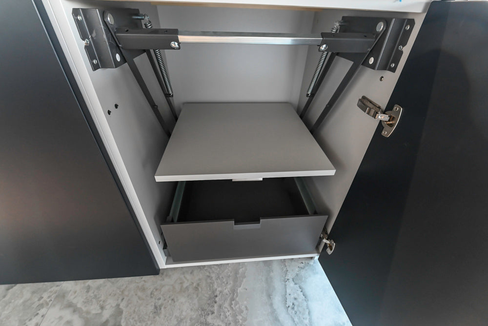 Häcker Transitional Light Grey Kitchen with Dark Grey Island and White Quartz Countertops