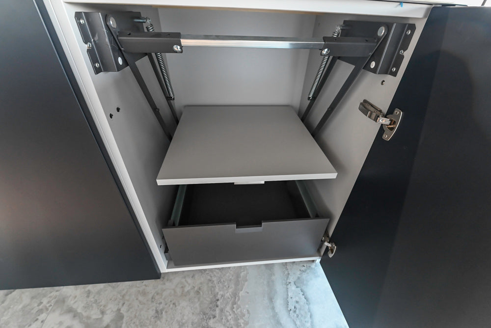 Häcker Transitional Light Grey Kitchen with Dark Grey Island and White Quartz Countertops