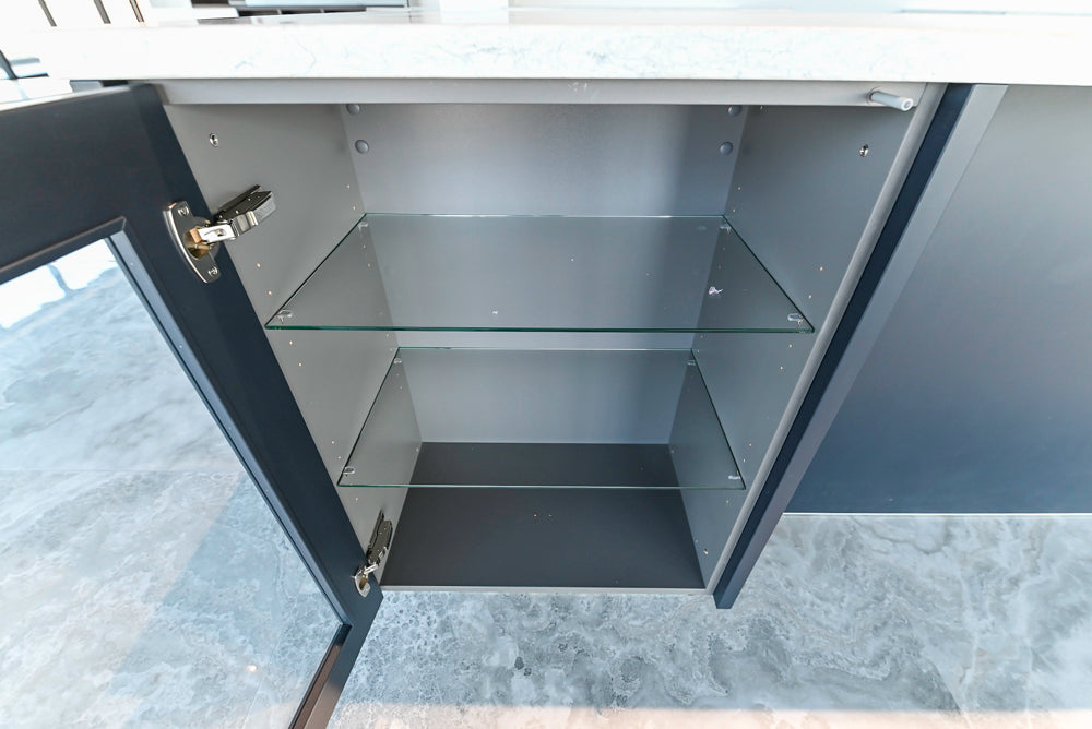 Häcker Transitional Light Grey Kitchen with Dark Grey Island and White Quartz Countertops