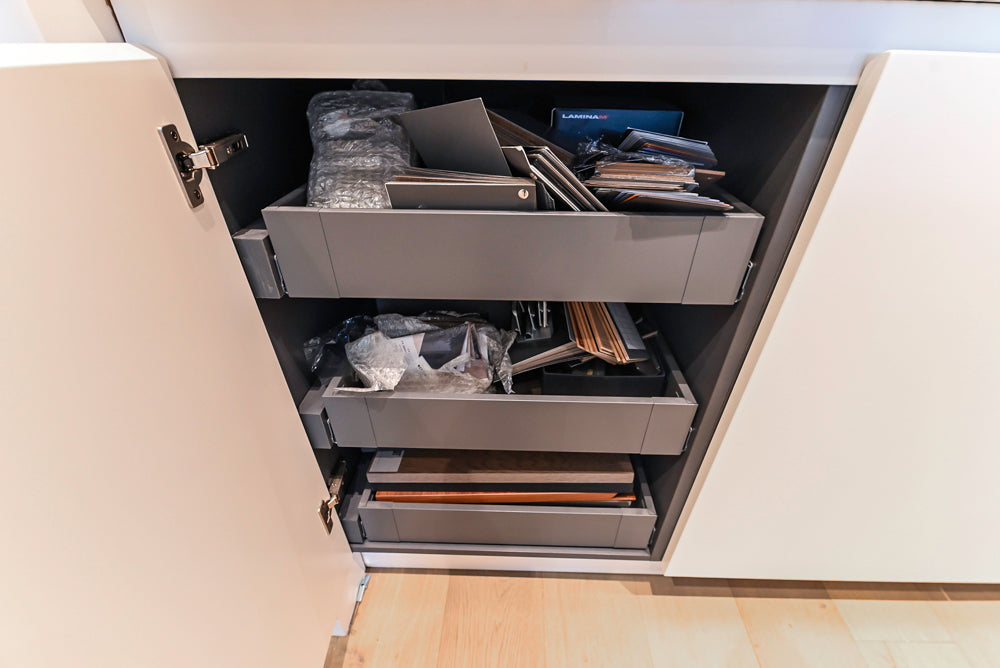 Composit Modern White & Brown Wood Veneer Kitchen with Enigma Countertops and Wolf Cooktop