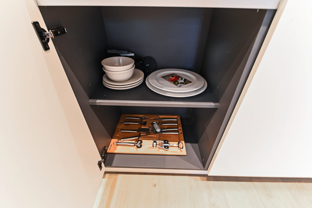 Composit Modern White & Brown Wood Veneer Kitchen with Enigma Countertops and Wolf Cooktop