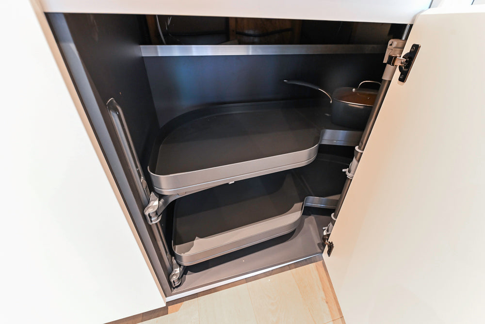 Composit Modern White & Brown Wood Veneer Kitchen with Enigma Countertops and Wolf Cooktop