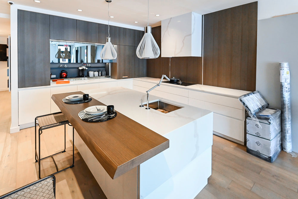 Composit Modern White & Brown Wood Veneer Kitchen with Enigma Countertops and Wolf Cooktop