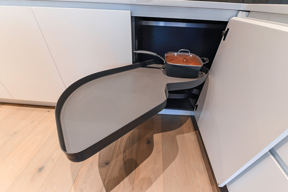 Composit Modern White & Brown Wood Veneer Kitchen with Enigma Countertops and Wolf Cooktop