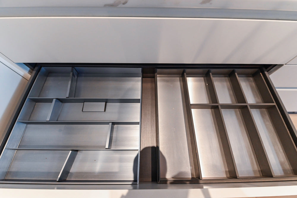 Composit Modern White & Brown Wood Veneer Kitchen with Enigma Countertops and Wolf Cooktop