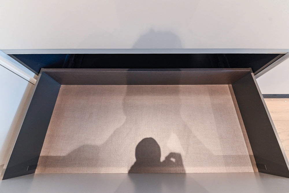 Composit Modern White & Brown Wood Veneer Kitchen with Enigma Countertops and Wolf Cooktop