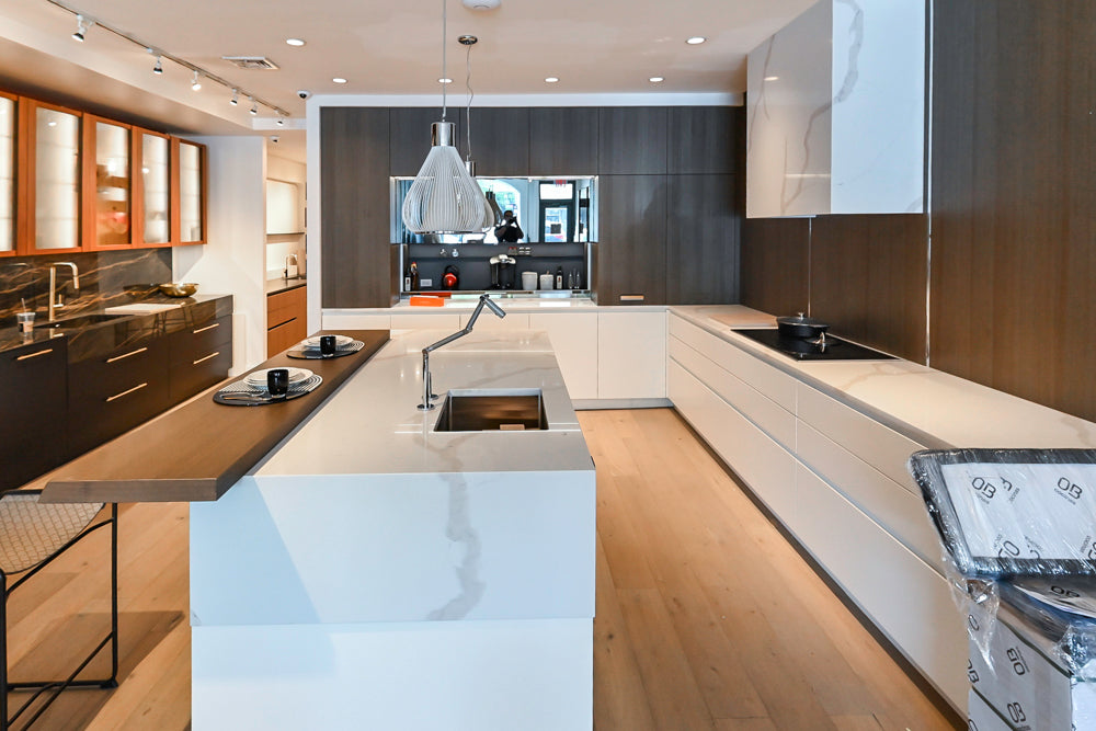 Composit Modern White & Brown Wood Veneer Kitchen with Enigma Countertops and Wolf Cooktop