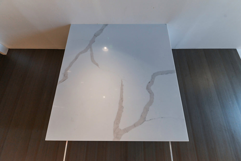 Composit Modern White & Brown Wood Veneer Kitchen with Enigma Countertops and Wolf Cooktop