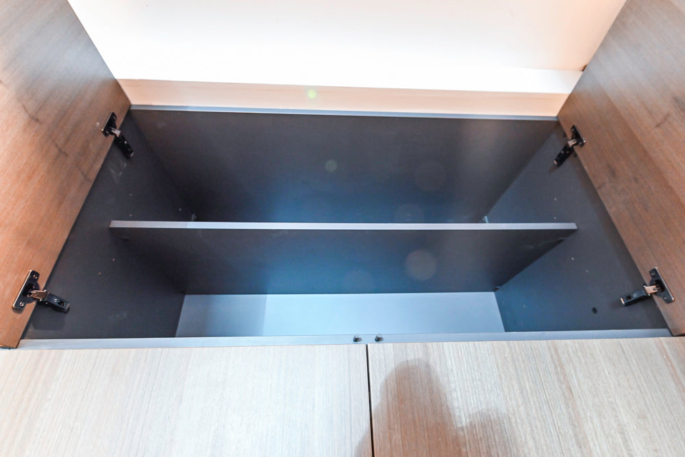 Composit Modern White & Brown Wood Veneer Kitchen with Enigma Countertops and Wolf Cooktop