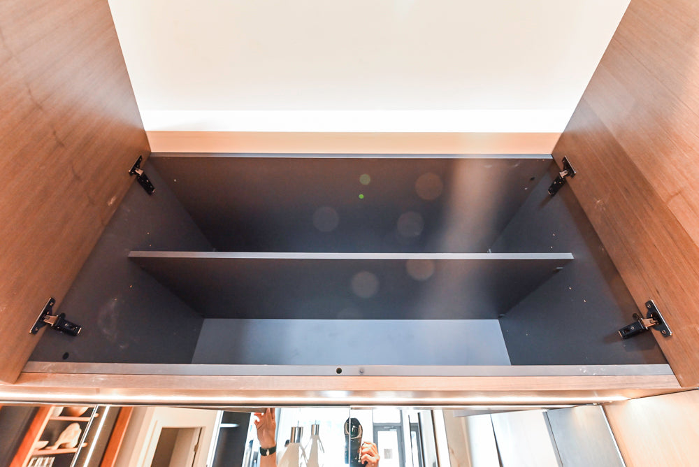 Composit Modern White & Brown Wood Veneer Kitchen with Enigma Countertops and Wolf Cooktop