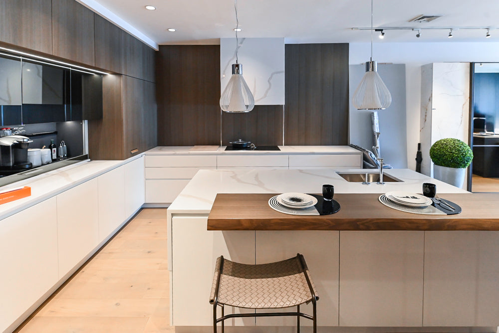 Composit Modern White & Brown Wood Veneer Kitchen with Enigma Countertops and Wolf Cooktop