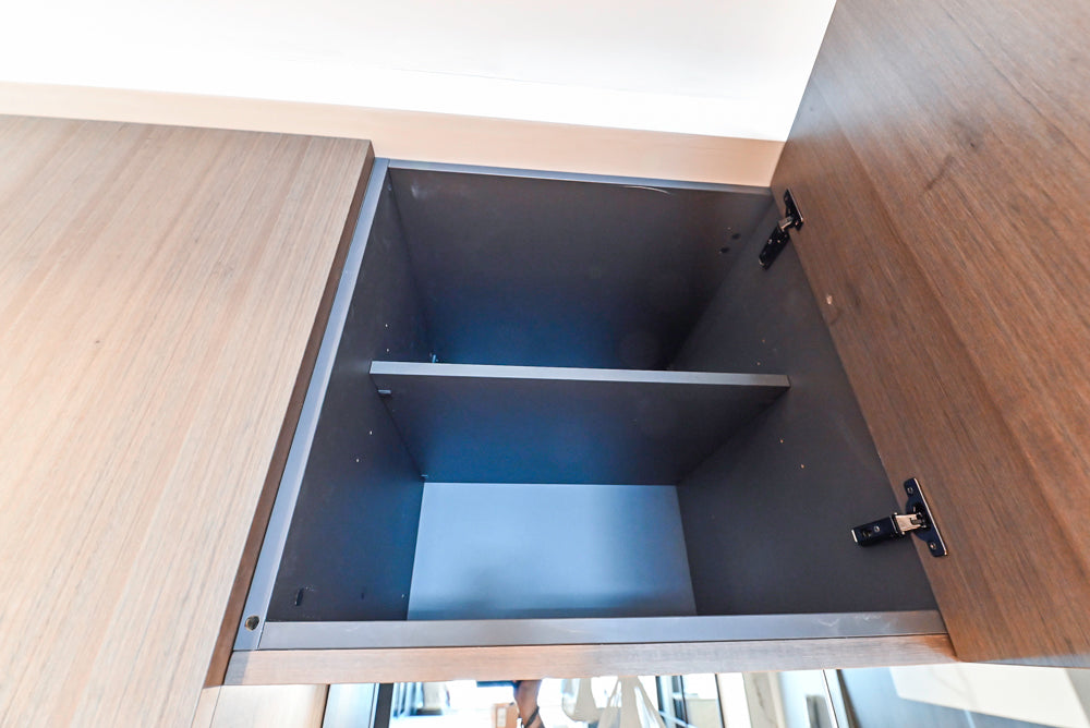 Composit Modern White & Brown Wood Veneer Kitchen with Enigma Countertops and Wolf Cooktop