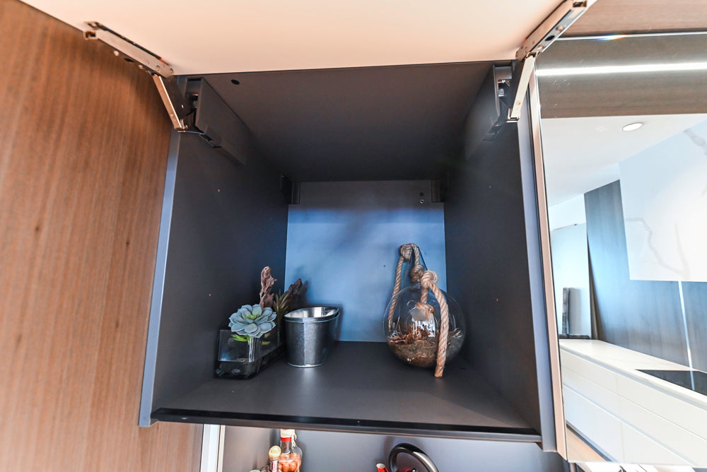 Composit Modern White & Brown Wood Veneer Kitchen with Enigma Countertops and Wolf Cooktop