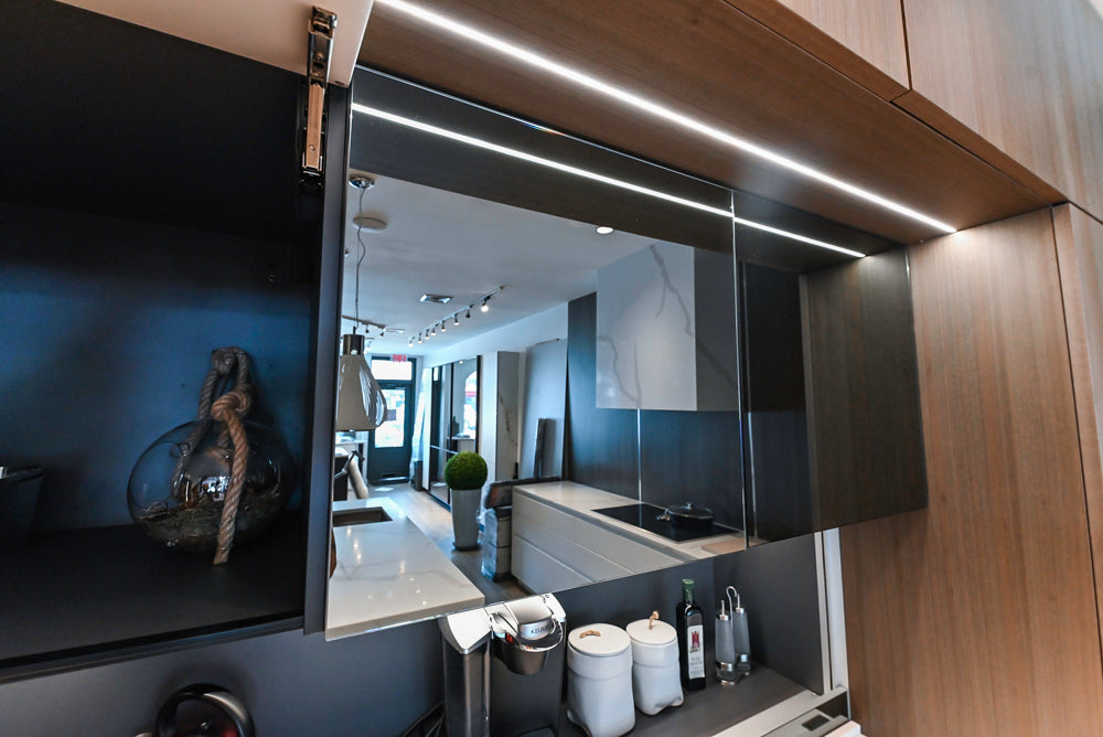 Composit Modern White & Brown Wood Veneer Kitchen with Enigma Countertops and Wolf Cooktop