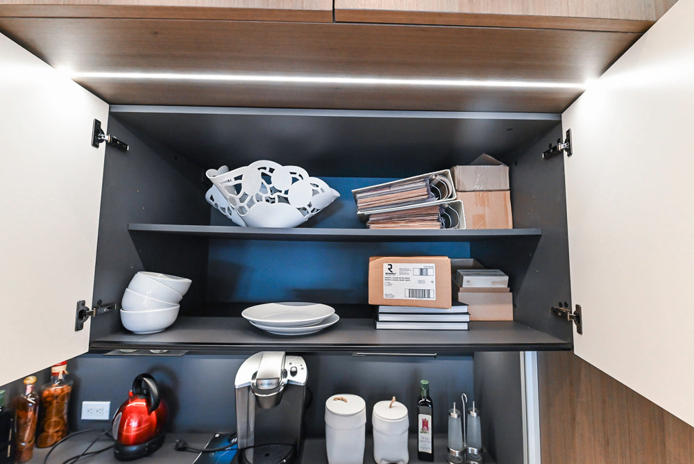 Composit Modern White & Brown Wood Veneer Kitchen with Enigma Countertops and Wolf Cooktop