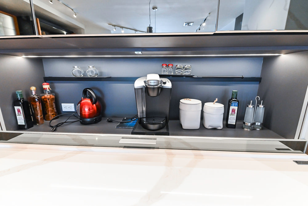 Composit Modern White & Brown Wood Veneer Kitchen with Enigma Countertops and Wolf Cooktop