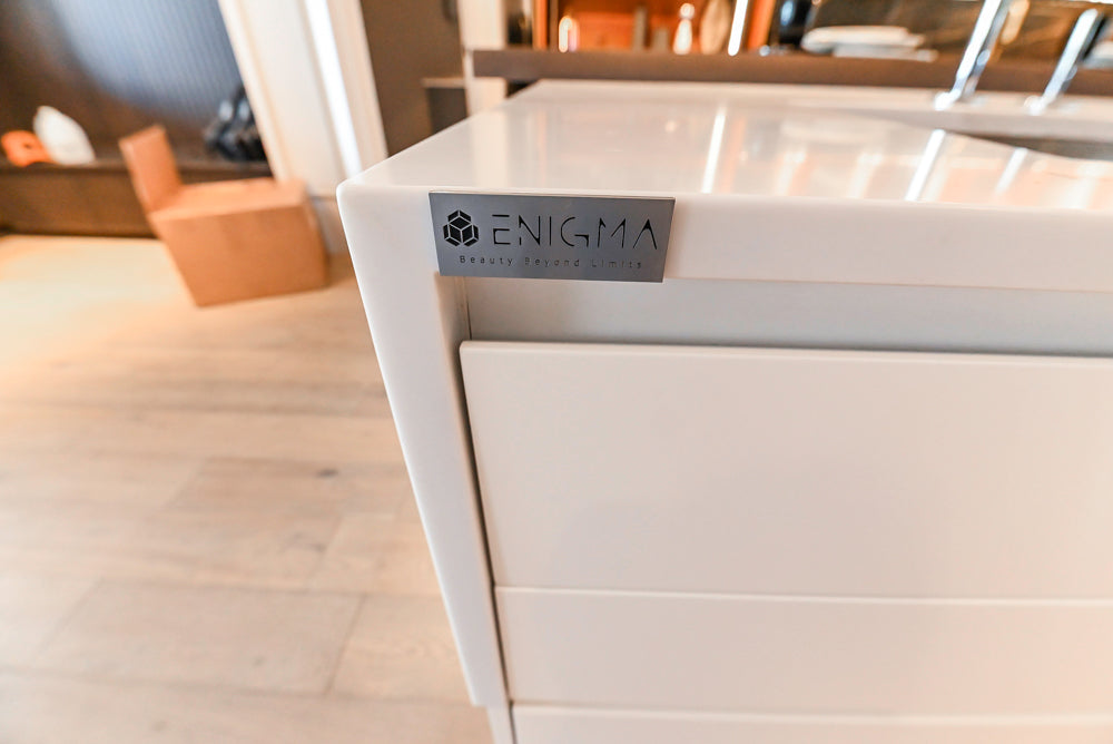 Composit Modern White & Brown Wood Veneer Kitchen with Enigma Countertops and Wolf Cooktop
