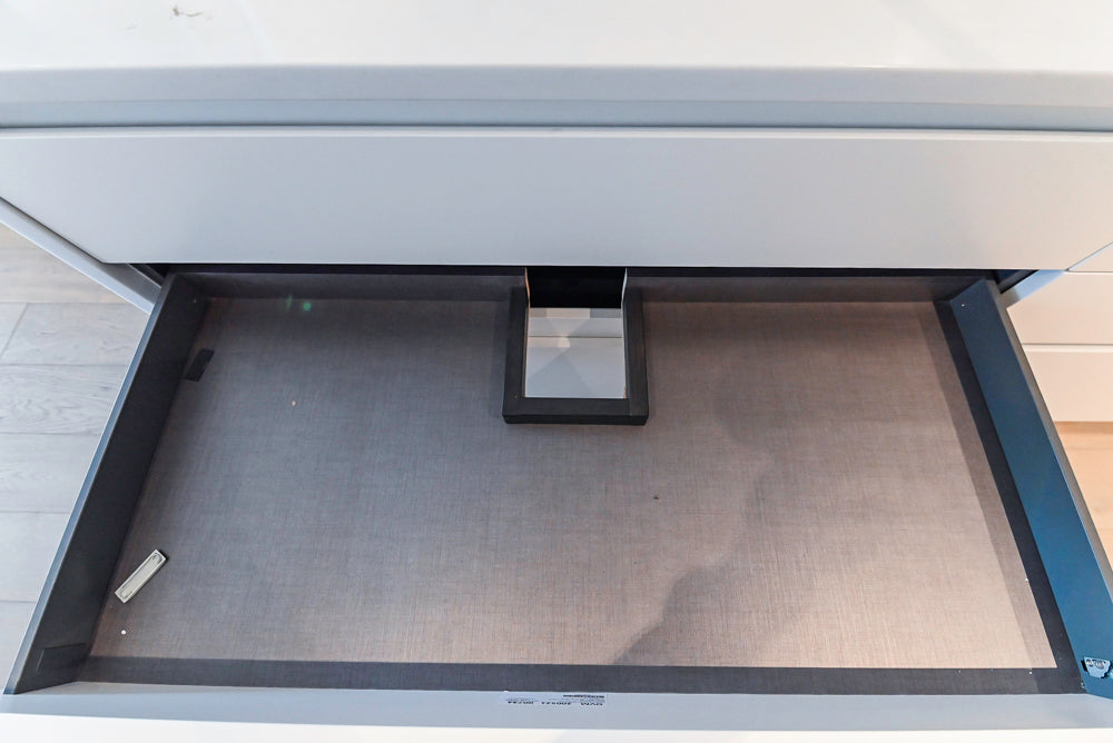 Composit Modern White & Brown Wood Veneer Kitchen with Enigma Countertops and Wolf Cooktop