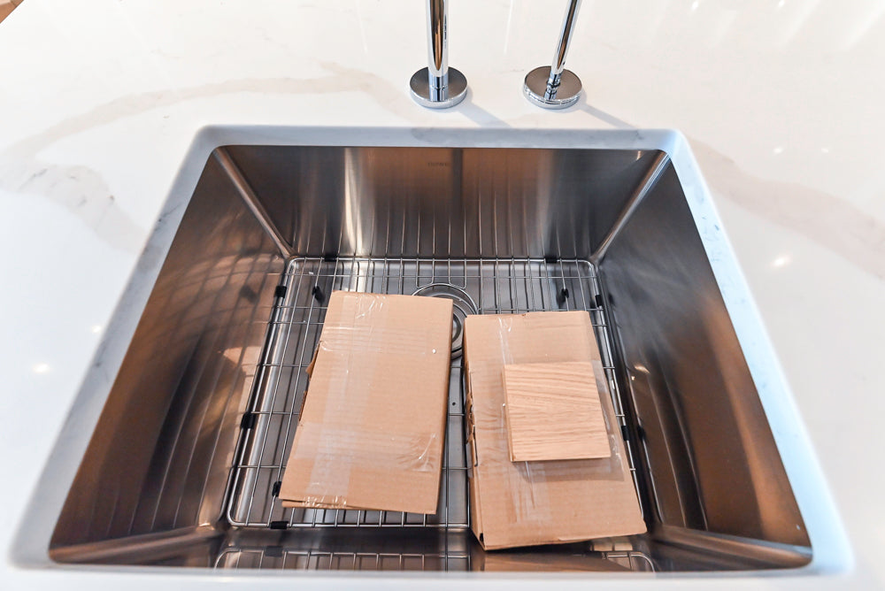 Composit Modern White & Brown Wood Veneer Kitchen with Enigma Countertops and Wolf Cooktop