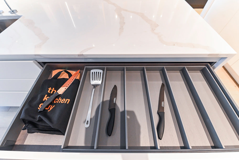 Composit Modern White & Brown Wood Veneer Kitchen with Enigma Countertops and Wolf Cooktop