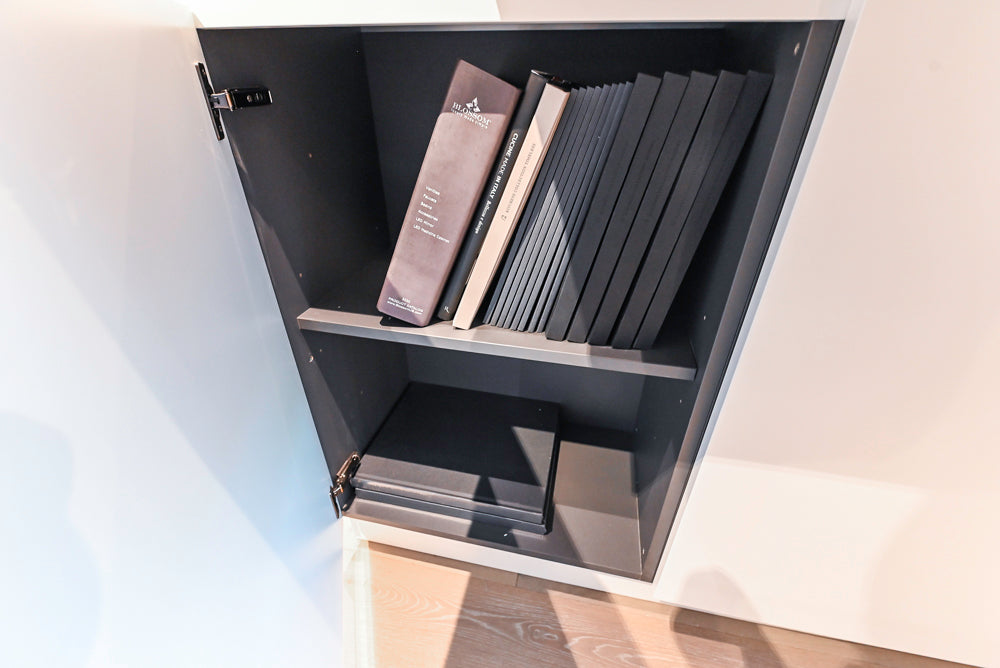 Composit Modern White & Brown Wood Veneer Kitchen with Enigma Countertops and Wolf Cooktop