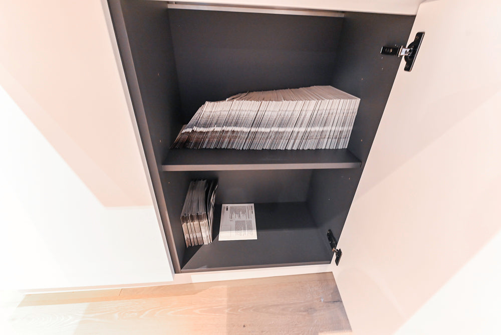 Composit Modern White & Brown Wood Veneer Kitchen with Enigma Countertops and Wolf Cooktop