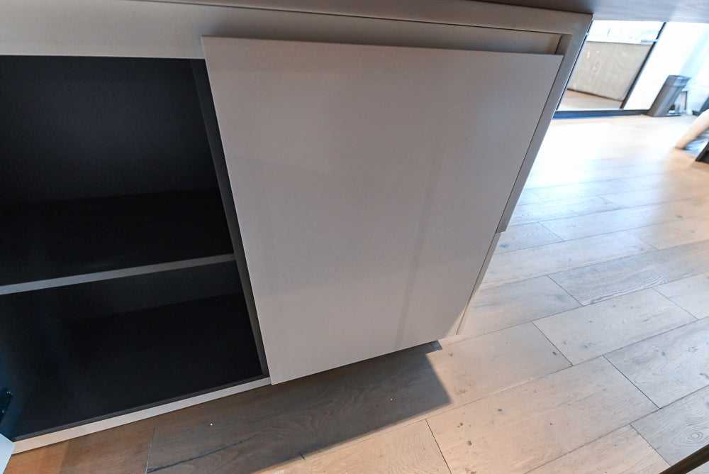 Composit Modern White & Brown Wood Veneer Kitchen with Enigma Countertops and Wolf Cooktop