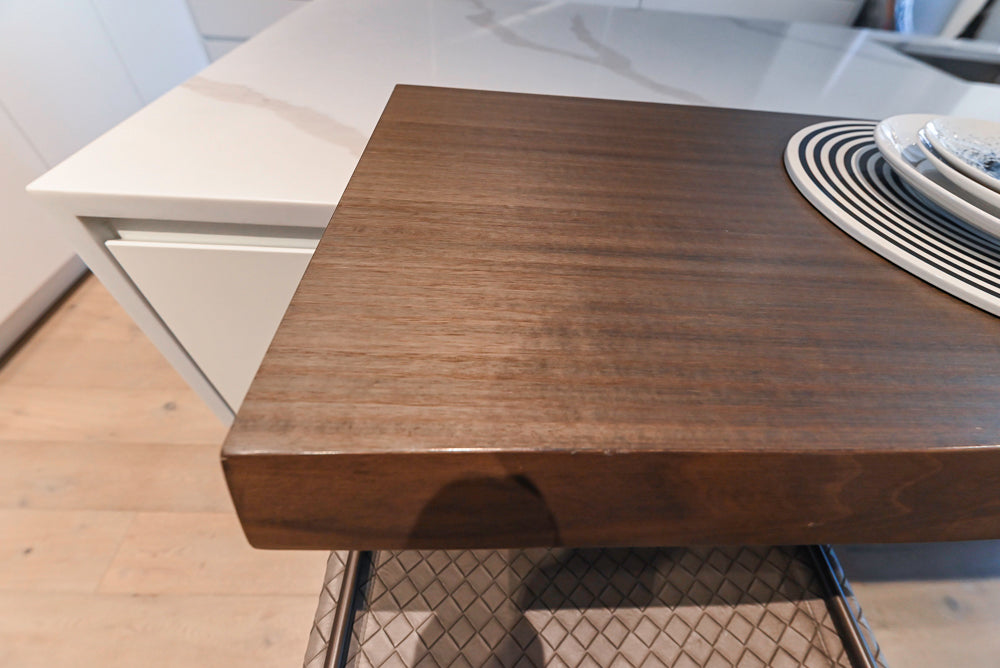 Composit Modern White & Brown Wood Veneer Kitchen with Enigma Countertops and Wolf Cooktop