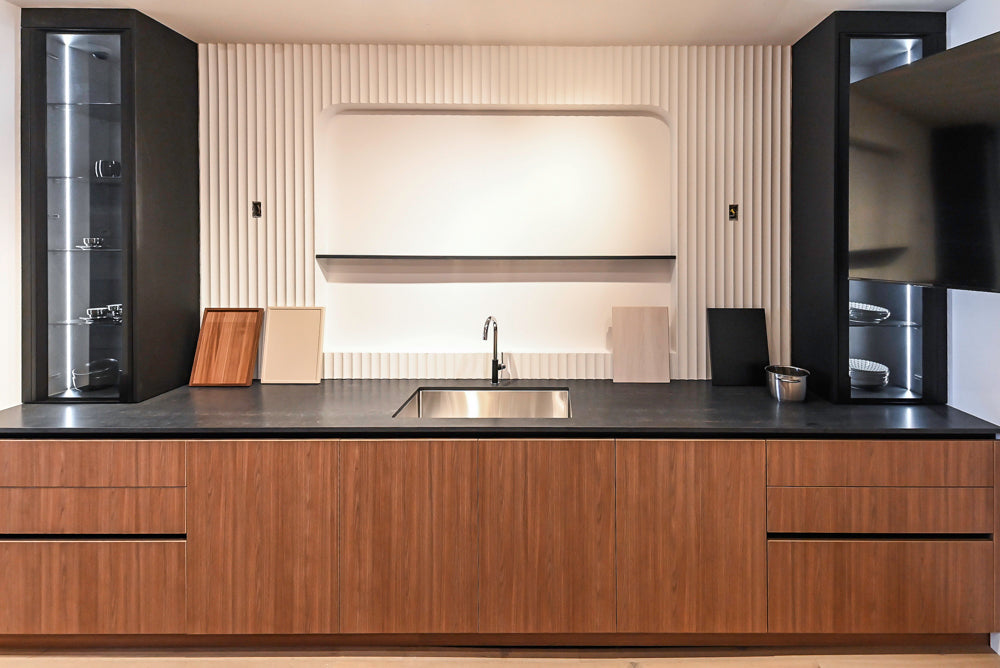 Custom Modern Two Toned Butler's Pantry Wall with Silestone Countertops & Sink