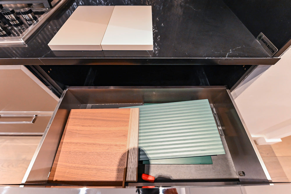 DOCA Modern Gold & Black Cooking Station with Black Quartz Countertops