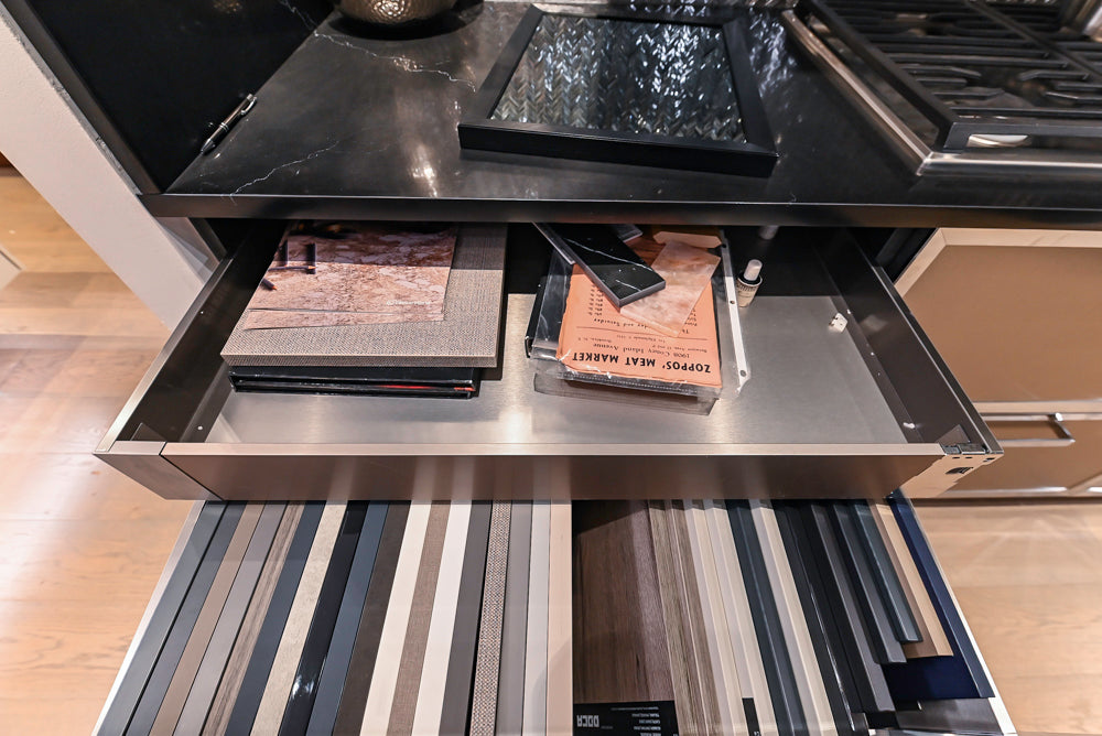 DOCA Modern Gold & Black Cooking Station with Black Quartz Countertops