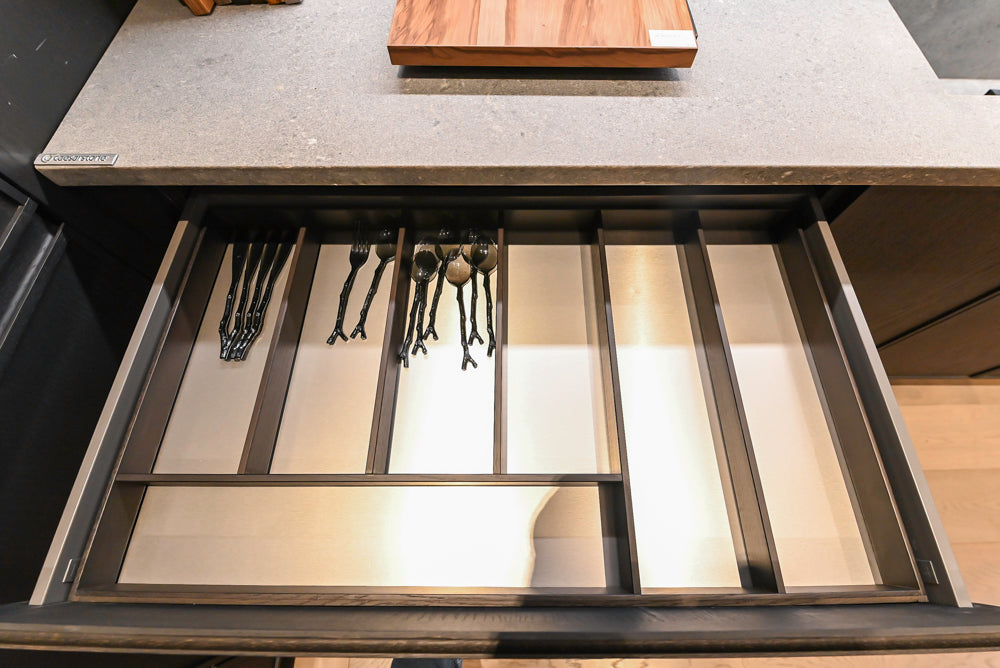 DOCA Modern Dark Brown Wood Veneer Kitchen Corner with White Ceasarstone Countertop & Integrated Sink